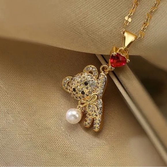 Gold Teddy Bear Pendant Necklace with Red Heart. - Picture 4 of 6